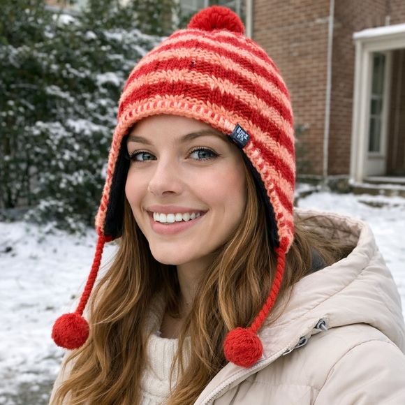 The North Face Accessories - The North Face Peruvian Earflap Beanie Pom Hat Fleece Lined Red Orange Winter